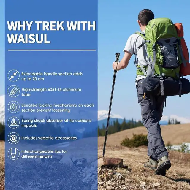 Alt view image 3 of 5 - Tactical Survival Hiking Stick - Collapsible Retractable Walking Staff, Outdoor Multitool Tactical Gear, Trekking Poles for Hiking, Camping Birthday Gifts for Men Dad Husband