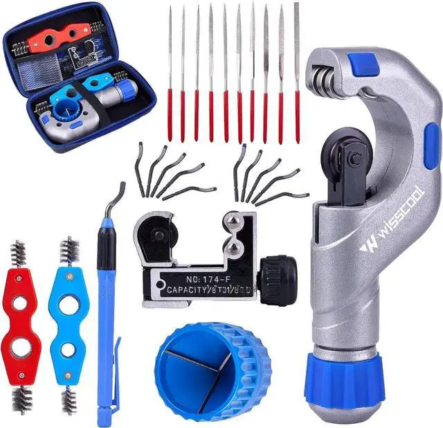 Main image of Tube Cutter Set 8 in 1, Heavy Duty Pipe Cutter 1/8''-2'', Mini Pipe Cutter 1/8 to 1-1/8, Deburring Tool with 10 Steel Blades, Tubing Reamer, Copper Pipe Cleaner Brush for HVAC, Plumbing
