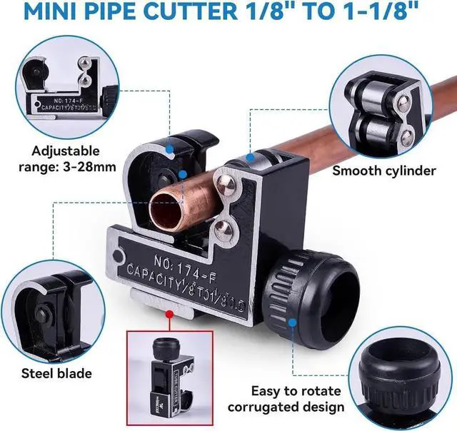 Alt view image 5 of 7 - Tube Cutter Set 8 in 1, Heavy Duty Pipe Cutter 1/8''-2'', Mini Pipe Cutter 1/8 to 1-1/8, Deburring Tool with 10 Steel Blades, Tubing Reamer, Copper Pipe Cleaner Brush for HVAC, Plumbing
