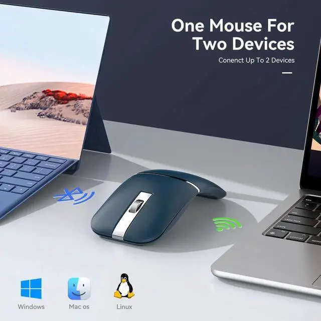 Alt view image 4 of 4 - Bluetooth Wireless Arc Travel Mouse, Dual Model (2.4G+BT5.1) Rotating Foldable Mouse for Microsoft, Rechargeable Slim Portable Mice for Laptop, Notebook, PC, MacBook, Chromebook - Sapphire Blue