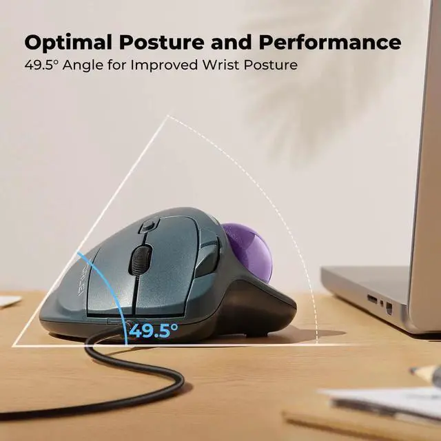 Alt view image 2 of 5 - PORLEI Wired Trackball Mouse with RGB Lighting, Ergonomic Thumb Control to Reduce Muscle Strain, 5 Adjustable DPI, Dual USB-C & USB-A Connectivity, Compatible with PC, Laptop, Mac, Windows-Purple