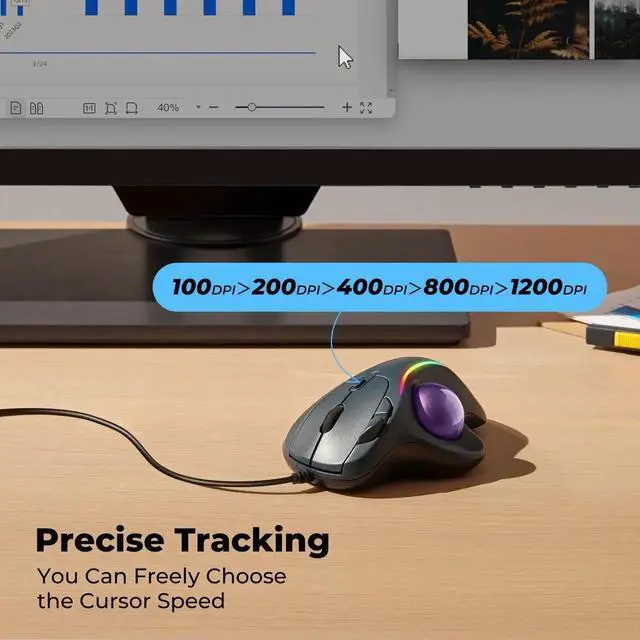 Alt view image 5 of 5 - PORLEI Wired Trackball Mouse with RGB Lighting, Ergonomic Thumb Control to Reduce Muscle Strain, 5 Adjustable DPI, Dual USB-C & USB-A Connectivity, Compatible with PC, Laptop, Mac, Windows-Purple