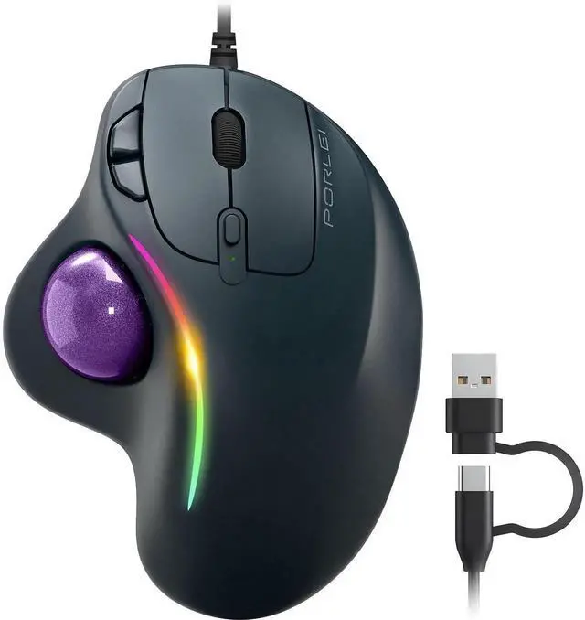 Alt view image 3 of 5 - PORLEI Wired Trackball Mouse with RGB Lighting, Ergonomic Thumb Control to Reduce Muscle Strain, 5 Adjustable DPI, Dual USB-C & USB-A Connectivity, Compatible with PC, Laptop, Mac, Windows-Purple