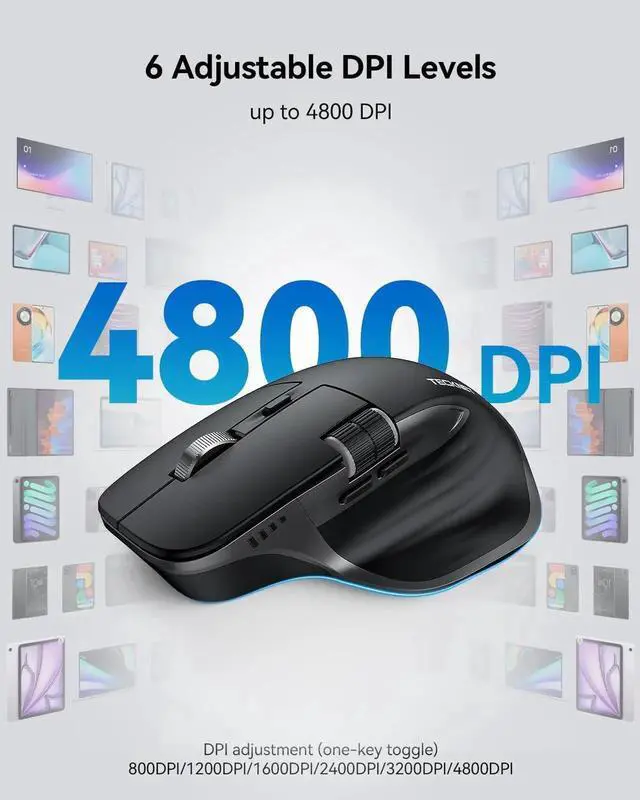 Main image of TECKNET Wireless Mouse, Bluetooth Mouse (BT5.0/5.0 & 2.4G) Rechargeable 4800 DPI Ergonomic Optical Mouse with 6 Adjustable, Quiet Clicks, USB A Receiver, 7 Buttons, Wide Compatibility - Black