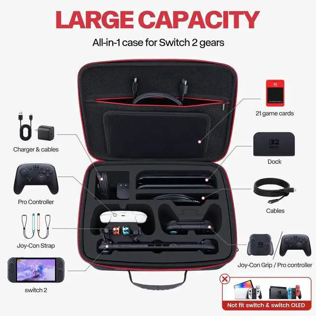 Alt view image 7 of 7 - Hard Case Compatible with Nintendo Switch 2 (2025), Protective Travel Bag for Switch 2 Console, Dock, Up to 2 Pro Controllers, Joy-Con Grip, Power Adapter, 21 Games and Cables