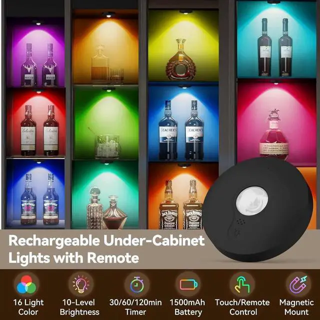 Alt view image 5 of 7 - Recharge Puck Lights with Remote, 12 Pack Magnetic Under Cabinet Lighting, 1500mAh Battery Operated LED Tap Lights with Dimmer & Timmer for Kitchen, Closet, Shelf - 3 Color Temps & 12 RGB, Black