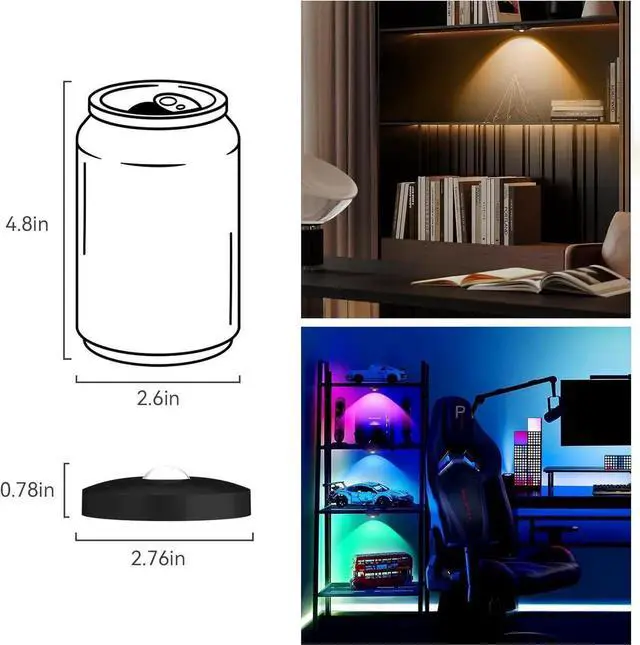 Alt view image 7 of 7 - Recharge Puck Lights with Remote, 12 Pack Magnetic Under Cabinet Lighting, 1500mAh Battery Operated LED Tap Lights with Dimmer & Timmer for Kitchen, Closet, Shelf - 3 Color Temps & 12 RGB, Black