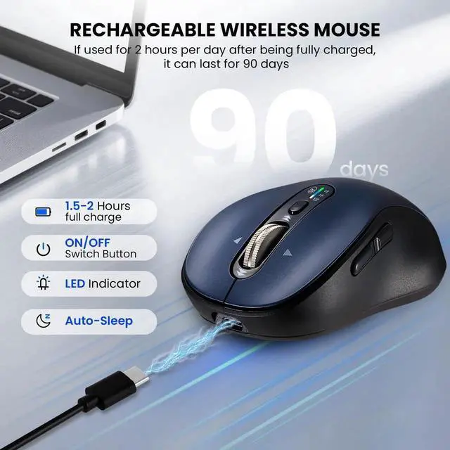 Alt view image 5 of 5 - Wireless Bluetooth Mouse for Laptop,USB+BT×2,Quiet Ergo Computer Mouses,Metal 4-Way Super Scrolling,± 3200 DPI,Rechargeable,10 Buttons,Plug&Play,Multi Device Cordless Mice for iPad,Tablet,Mac,PC,Phone
