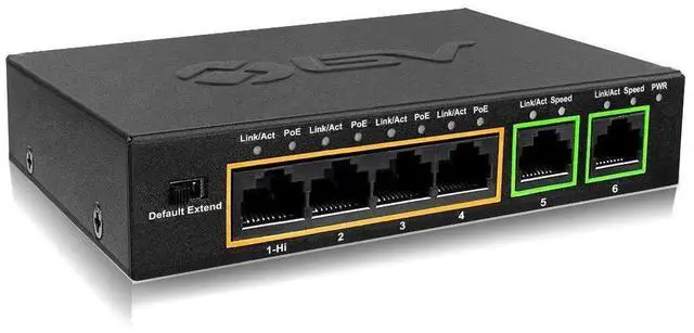 Main image of BV-Tech 6 Port PoE+ Switch (4 PoE+ Ports with 2 Ethernet Uplink and Extend Function) 60W 802.3at + 1 High Power PoE Port| Desktop Fanless Design | Plug & Play | Sturdy Metal Housing