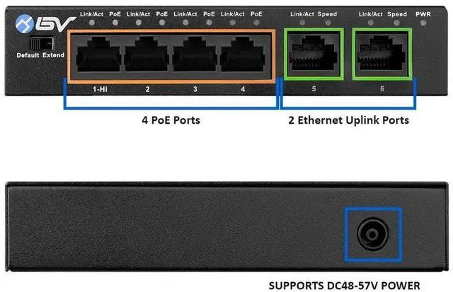 Alt view image 2 of 5 - BV-Tech 6 Port PoE+ Switch (4 PoE+ Ports with 2 Ethernet Uplink and Extend Function) 60W 802.3at + 1 High Power PoE Port| Desktop Fanless Design | Plug & Play | Sturdy Metal Housing