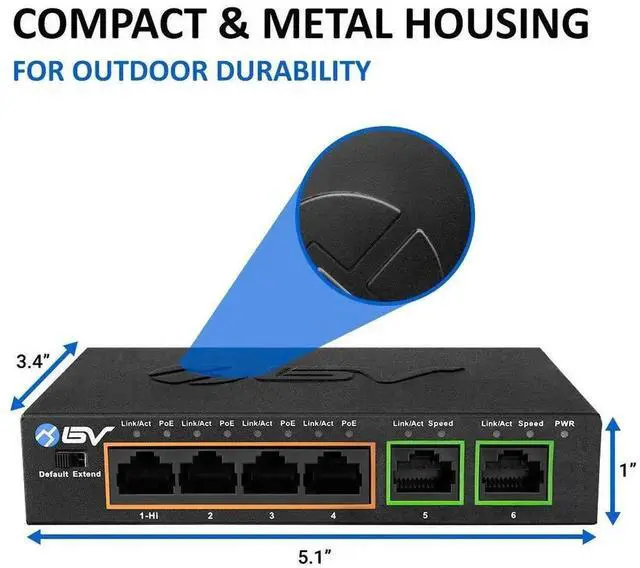 Alt view image 3 of 5 - BV-Tech 6 Port PoE+ Switch (4 PoE+ Ports with 2 Ethernet Uplink and Extend Function) 60W 802.3at + 1 High Power PoE Port| Desktop Fanless Design | Plug & Play | Sturdy Metal Housing
