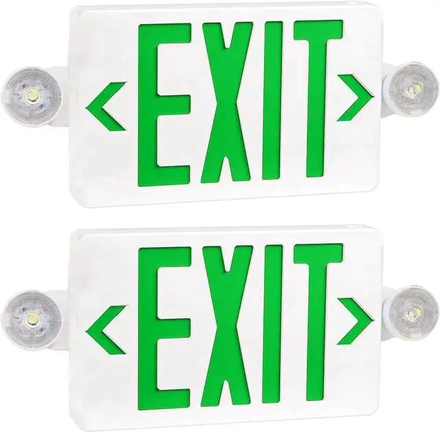 Main image of Green LED Exit Sign with Emergency Lights, Two Adjustable Head Emergency Exit Lights with Battery Backup, Dual LED Lamp ABS Fire Resistance UL-Listed 120-277V (Green, 2 Pack)