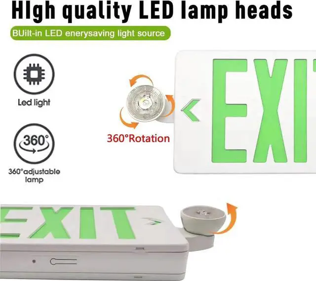 Alt view image 5 of 7 - Green LED Exit Sign with Emergency Lights, Two Adjustable Head Emergency Exit Lights with Battery Backup, Dual LED Lamp ABS Fire Resistance UL-Listed 120-277V (Green, 2 Pack)