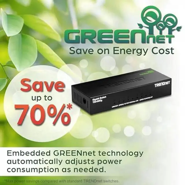 Main image of TRENDnet 8-Port Mini Gigabit Switch, TEG-S80g, Ethernet Splitter, NDAA + TAA Compliant, Desktop Metal Ethernet Network Switch, 8 x Gigabit Ports, Fanless, Lifetime Protection, Black