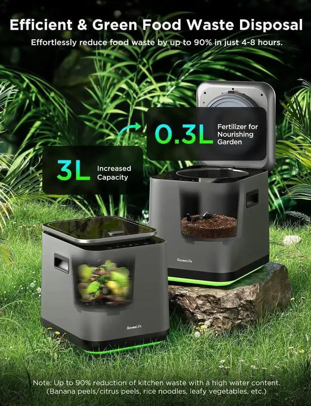 Alt view image 4 of 7 - Smart Electric Composter for Kitchen, 3L Compost Bin Indoor with App & Voice Control, Auto-Cleaning, 3 Modes, Turn Food Waste to Fertilizer Garden, Machine Black -