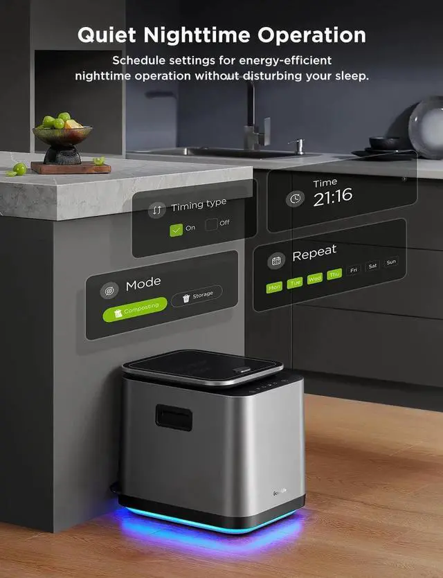 Alt view image 7 of 7 - Smart Electric Composter for Kitchen, 3L Compost Bin Indoor with App & Voice Control, Auto-Cleaning, 3 Modes, Turn Food Waste to Fertilizer Garden, Machine Black -