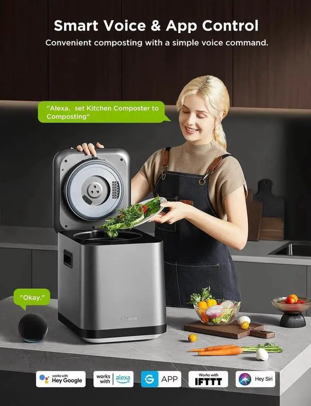 Alt view image 5 of 7 - Smart Electric Composter for Kitchen, 3L Compost Bin Indoor with App & Voice Control, Auto-Cleaning, 3 Modes, Turn Food Waste to Fertilizer Garden, Machine Black -