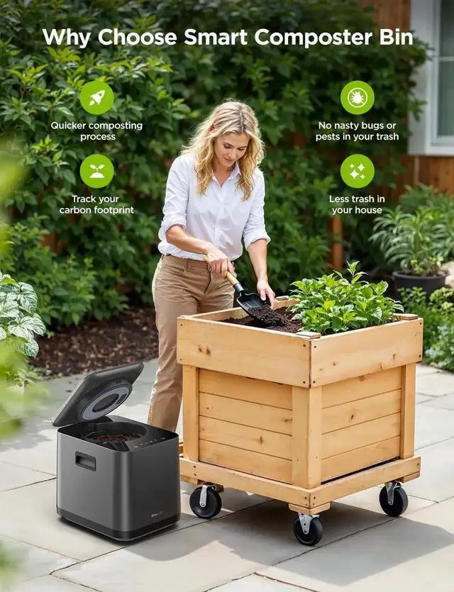 Alt view image 3 of 7 - Smart Electric Composter for Kitchen, 3L Compost Bin Indoor with App & Voice Control, Auto-Cleaning, 3 Modes, Turn Food Waste to Fertilizer Garden, Machine Black -