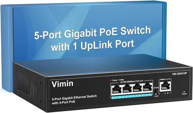 Main image of 4 Port Gigabit PoE Switch with 1 Uplink Gigabit Ports, VIMIN 5 Port Unmanaged Ethernet PoE Switch with 72W Power, Support IEEE802.3af/at, VLAN, Metal Housing, Desktop or Wall-Mount, Plug & Play