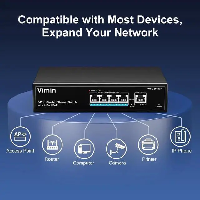 Alt view image 3 of 5 - 4 Port Gigabit PoE Switch with 1 Uplink Gigabit Ports, VIMIN 5 Port Unmanaged Ethernet PoE Switch with 72W Power, Support IEEE802.3af/at, VLAN, Metal Housing, Desktop or Wall-Mount, Plug & Play