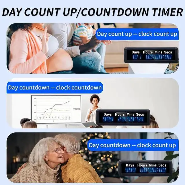 Alt view image 2 of 6 - Digital 999 Days Countdown Timer, Count Up/Count Down Clock with Remote, 12/24 Hour Real Time, Event Large Display, Calendar for Retirement/Pregnancy/Birthday/Christmas Blue -