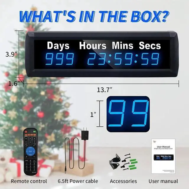 Alt view image 3 of 6 - Digital 999 Days Countdown Timer, Count Up/Count Down Clock with Remote, 12/24 Hour Real Time, Event Large Display, Calendar for Retirement/Pregnancy/Birthday/Christmas Blue -