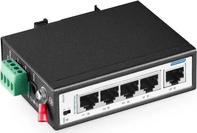 Main image of YuLinca 5 Port Mini PoE+ Industrial DIN-Rail Switch, 4 Ports PoE+ and 1 Uplink, 10/100Mbps Fast Ethernet, Din Rail & Wall Mount Included, Unmanaged IP30 (-40~185°F) Hardened Industrial Switch