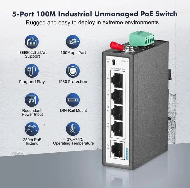 Alt view image 2 of 5 - YuLinca 5 Port Mini PoE+ Industrial DIN-Rail Switch, 4 Ports PoE+ and 1 Uplink, 10/100Mbps Fast Ethernet, Din Rail & Wall Mount Included, Unmanaged IP30 (-40~185°F) Hardened Industrial Switch