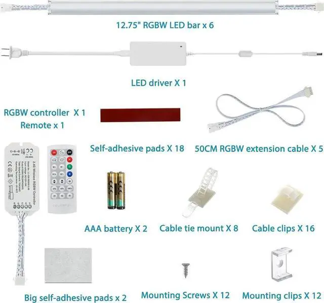 Alt view image 3 of 7 - Kitchen Under Cabinet LED Light. RGBW. Color Change & Super Bright Cool White Light. Remote with Dimming. 6 LED Light Bars with Power Adapter, Extension C. Plug in. Easy to Install. RGB + 4000K.