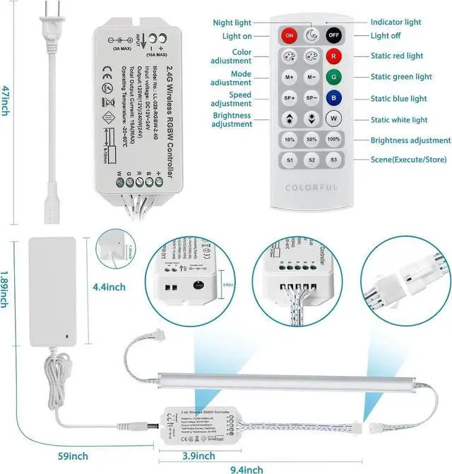 Alt view image 4 of 7 - Kitchen Under Cabinet LED Light. RGBW. Color Change & Super Bright Cool White Light. Remote with Dimming. 6 LED Light Bars with Power Adapter, Extension C. Plug in. Easy to Install. RGB + 4000K.