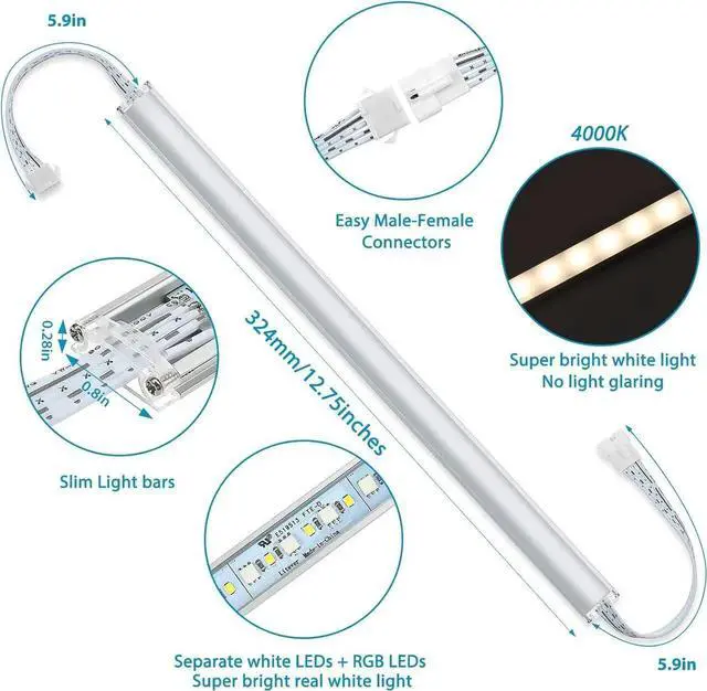 Alt view image 5 of 7 - Kitchen Under Cabinet LED Light. RGBW. Color Change & Super Bright Cool White Light. Remote with Dimming. 6 LED Light Bars with Power Adapter, Extension C. Plug in. Easy to Install. RGB + 4000K.