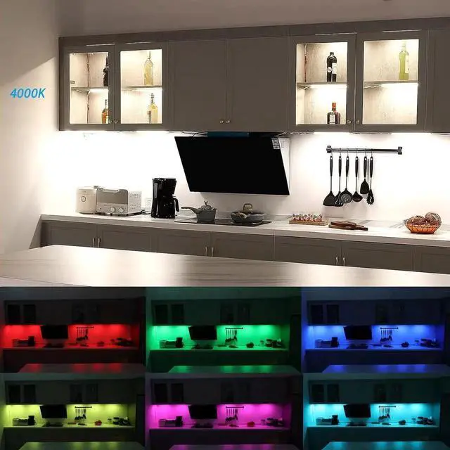 Alt view image 2 of 7 - Kitchen Under Cabinet LED Light. RGBW. Color Change & Super Bright Cool White Light. Remote with Dimming. 6 LED Light Bars with Power Adapter, Extension C. Plug in. Easy to Install. RGB + 4000K.