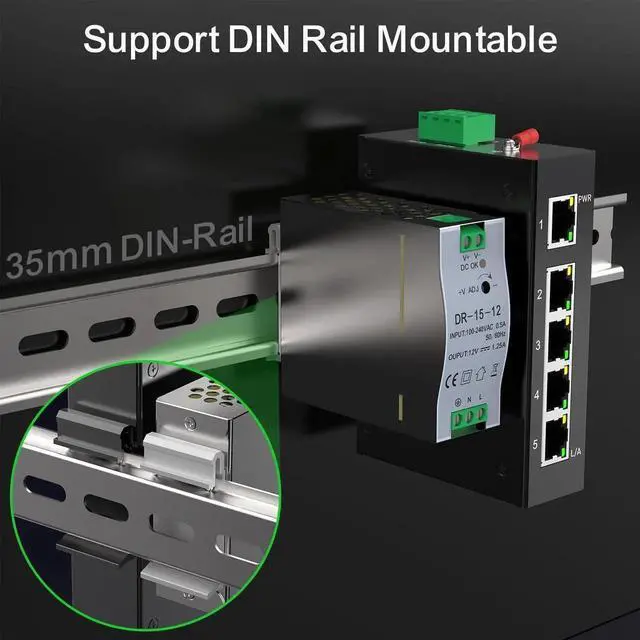Alt view image 3 of 4 - GoodTop 5 Port 100Mb Unmanaged Industrial Switch with DIN Rail 15W Power Supply,10/100Mbps Fast Ethernet,IP40,4KV Lightning Protection,Operating Temperature Range -40° 80°C DIN Rail Network Switch