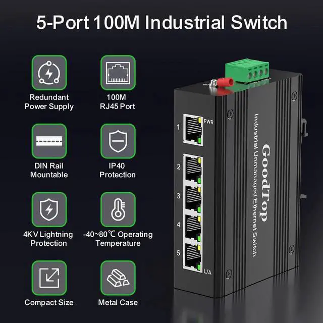 Alt view image 4 of 4 - GoodTop 5 Port 100Mb Unmanaged Industrial Switch with DIN Rail 15W Power Supply,10/100Mbps Fast Ethernet,IP40,4KV Lightning Protection,Operating Temperature Range -40° 80°C DIN Rail Network Switch