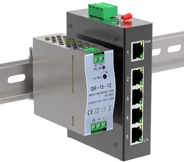 Main image of GoodTop 5 Port 100Mb Unmanaged Industrial Switch with DIN Rail 15W Power Supply,10/100Mbps Fast Ethernet,IP40,4KV Lightning Protection,Operating Temperature Range -40° 80°C DIN Rail Network Switch