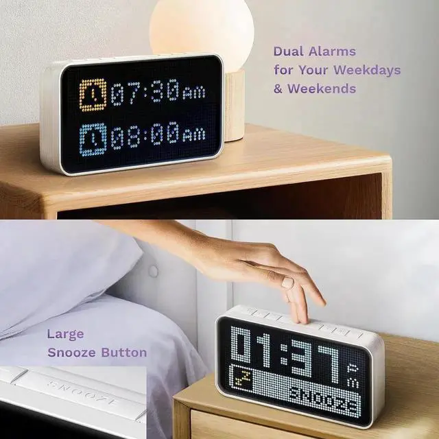Alt view image 4 of 7 - PixelRise Smart Alarm Clock for Bedroom,Pixel Art LED Dot Matrix Display, Weather Temperature Animation, Loud Dual Alarm for Heavy Sleeper, Sleep White Noise, WiFi Weather & Time Sync, App