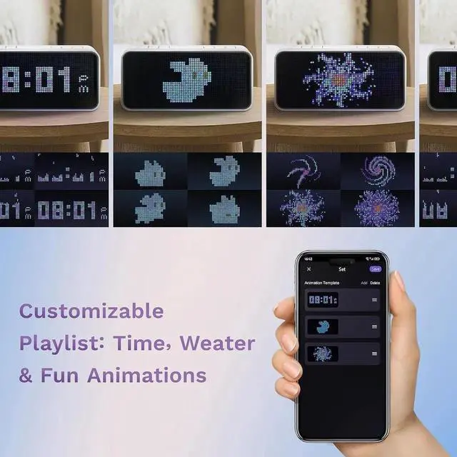 Alt view image 3 of 7 - PixelRise Smart Alarm Clock for Bedroom,Pixel Art LED Dot Matrix Display, Weather Temperature Animation, Loud Dual Alarm for Heavy Sleeper, Sleep White Noise, WiFi Weather & Time Sync, App