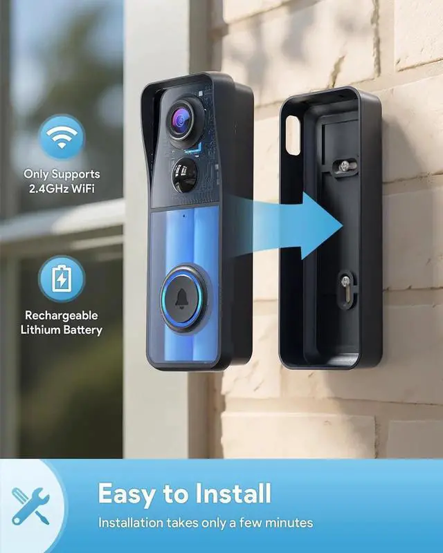 Alt view image 2 of 7 - Doorbell Camera Wireless, 2K HD Video Doorbell with Chime, Battery Operated, Night Vision, 2-Way Audio, PIR Motion Detection, 2.4Ghz WiFi, IP66 Waterproof, Cloud Storage, Works with Alexa