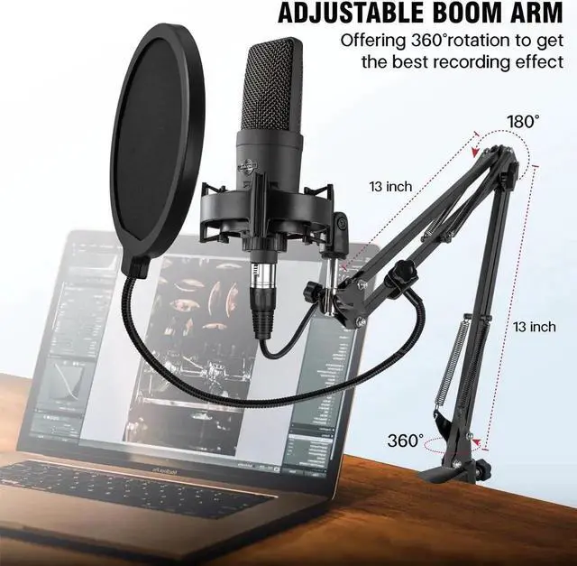 Alt view image 4 of 6 - Condenser Microphone XLR Professional Studio Recording Microphone Kit for PC Computer with Boom Arm,Cardioid XLR Podcast Microphone for Streaming,Gaming,Singing,Voice Over,ASMR,YouTube