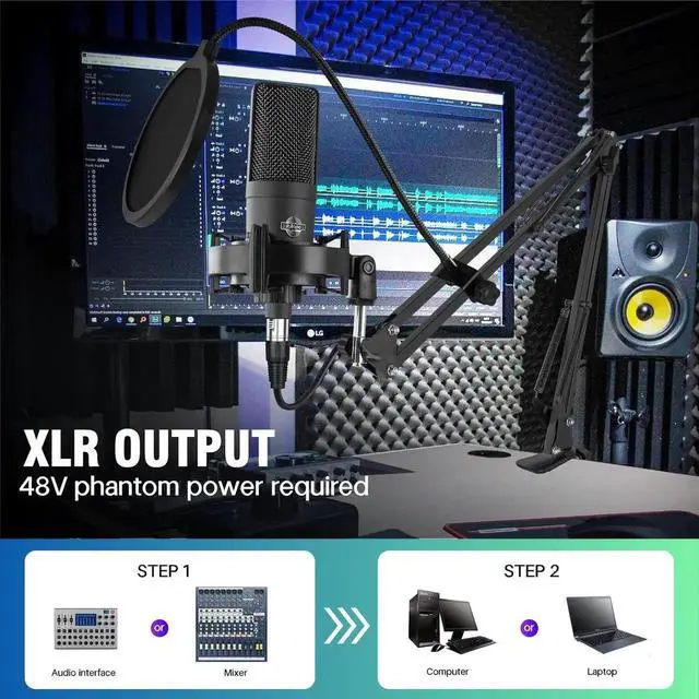 Alt view image 5 of 6 - Condenser Microphone XLR Professional Studio Recording Microphone Kit for PC Computer with Boom Arm,Cardioid XLR Podcast Microphone for Streaming,Gaming,Singing,Voice Over,ASMR,YouTube