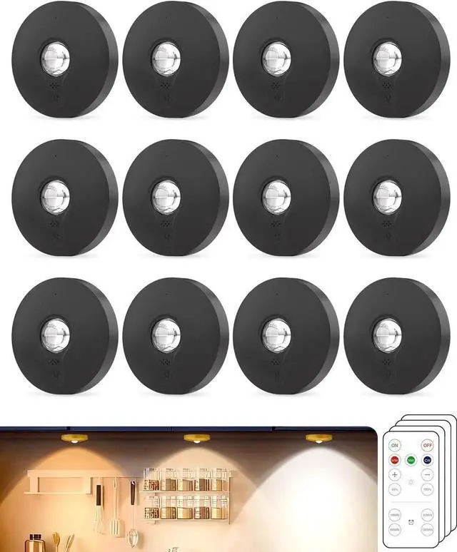 Main image of Recharge Puck Lights, 12-Pack LED Tap Lights with Remote, 1500mAh Battery, Dimmer & Timer, Wireless Stick-On Under Cabinet Lights for Closet, Bedroom, Kitchen, Black