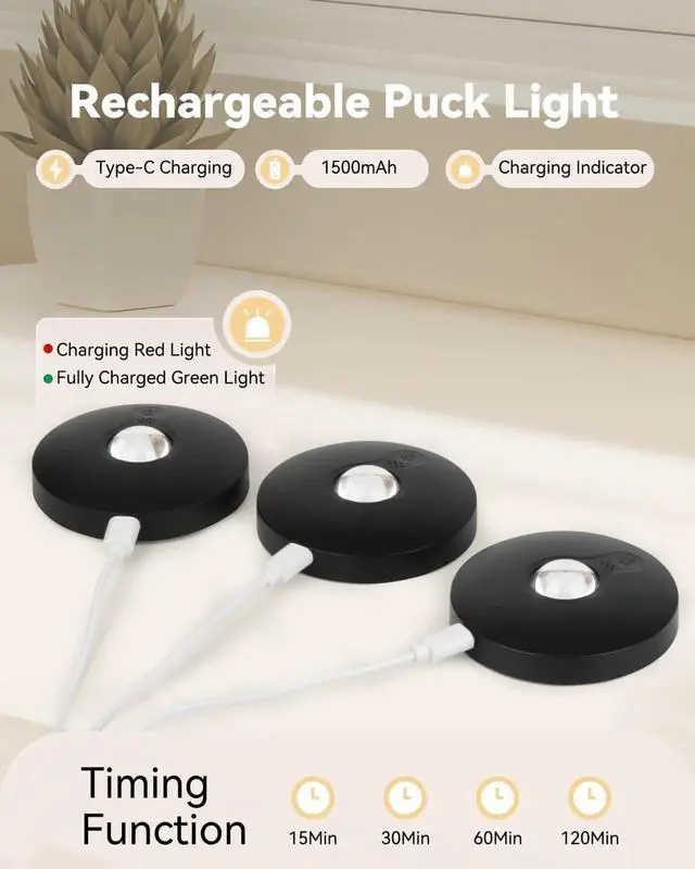 Alt view image 3 of 7 - Recharge Puck Lights, 12-Pack LED Tap Lights with Remote, 1500mAh Battery, Dimmer & Timer, Wireless Stick-On Under Cabinet Lights for Closet, Bedroom, Kitchen, Black