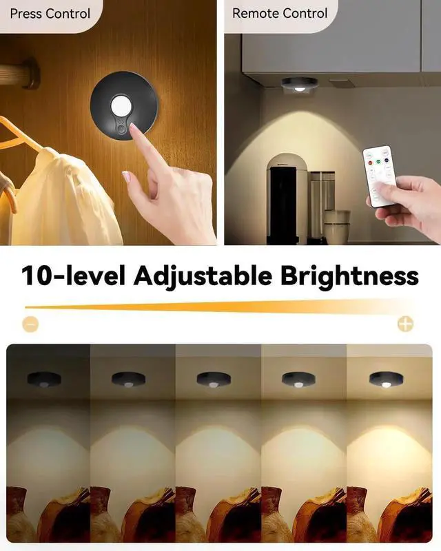 Alt view image 6 of 7 - Recharge Puck Lights, 12-Pack LED Tap Lights with Remote, 1500mAh Battery, Dimmer & Timer, Wireless Stick-On Under Cabinet Lights for Closet, Bedroom, Kitchen, Black