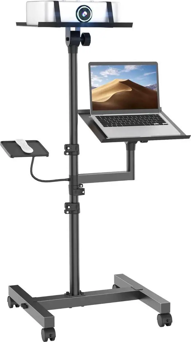 Main image of Projector and Laptop Stand Tripod, 2 Shelves Mobile Laptop Tripod Stand, Max 47" Height Adjustae Laptop Cart on Wheels, Projector Floor Stand with Ventilated Tray for Podium, Meeting, Couch