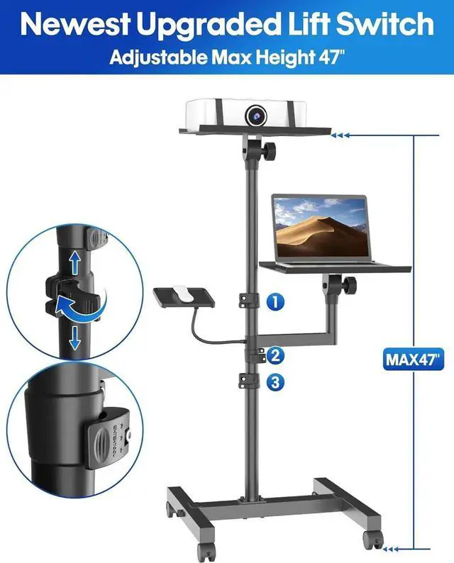 Alt view image 4 of 7 - Projector and Laptop Stand Tripod, 2 Shelves Mobile Laptop Tripod Stand, Max 47" Height Adjustae Laptop Cart on Wheels, Projector Floor Stand with Ventilated Tray for Podium, Meeting, Couch