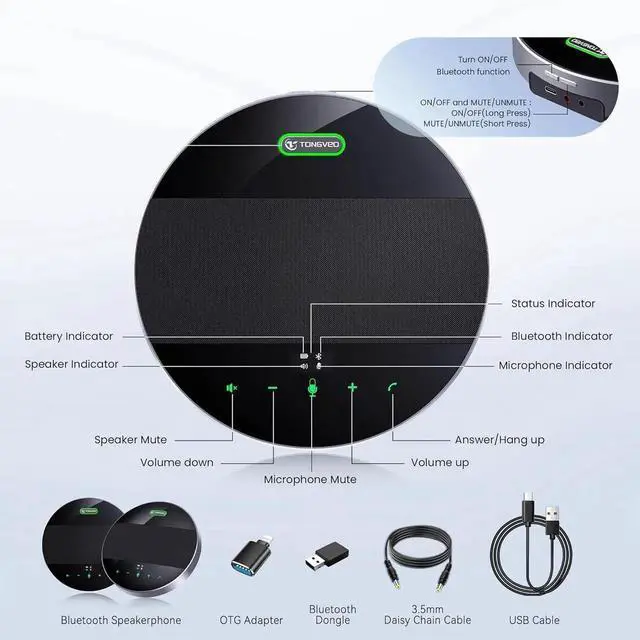 Alt view image 6 of 6 - 2-in-1 Conference Speaker and Microphone, Daisy Chain Wireless Bluetooth Speakerphone with 360° omnidirectional mics USB/Dongle/Bluetooth Connection 18H Talk Time for 15-30 People Meeting