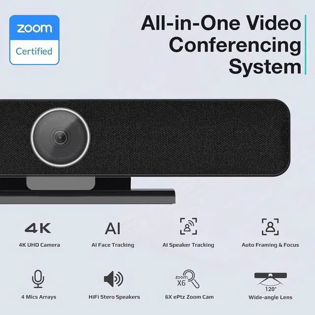 Alt view image 6 of 7 - TB5 Video Conferencing System - Zoom Certificated, Ultra 4K Pro Audio and Video Conference Room Camera with 4 Microphone Arrays & Stereo Speakers, 120° Wide Angle Webcam for TV/Meeting Room