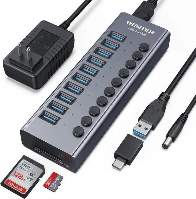 Main image of Powered USB 3.0 Hub, Wenter 10 Ports 36W Powered USB Hub, Aluminum USB Splitter with Individual On/Off Switches, SD/TF Card Readers and 12V/3A Power Adapter for PC/Laptops/MacBook Pro/Air/iMac/iPad