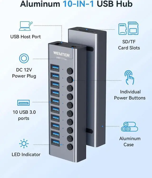 Alt view image 2 of 5 - Powered USB 3.0 Hub, Wenter 10 Ports 36W Powered USB Hub, Aluminum USB Splitter with Individual On/Off Switches, SD/TF Card Readers and 12V/3A Power Adapter for PC/Laptops/MacBook Pro/Air/iMac/iPad