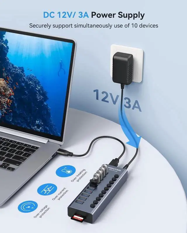 Alt view image 3 of 5 - Powered USB 3.0 Hub, Wenter 10 Ports 36W Powered USB Hub, Aluminum USB Splitter with Individual On/Off Switches, SD/TF Card Readers and 12V/3A Power Adapter for PC/Laptops/MacBook Pro/Air/iMac/iPad